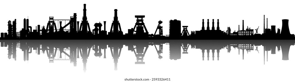  Vector silhouette industry Ruhr area reflection - skyline panorama blast furnaces winding towers and factories in the Ruhr area - industrial history in transition - technology and monument