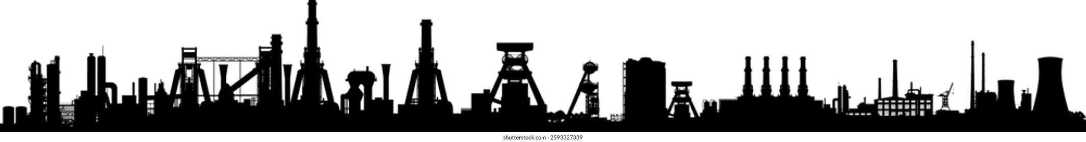 Vector Silhouette Industry Ruhr Area - Skyline Panorama Blast furnaces winding towers and factories in the Ruhrpott - Industrial history in transition - Technology and monument