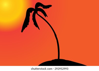 Vector silhouette of the island with palm tree at sunset.