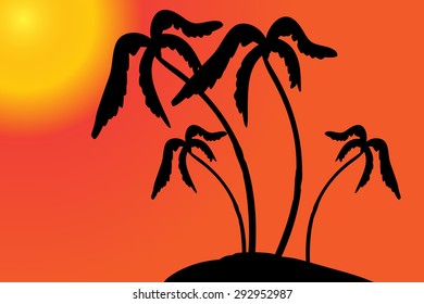 Vector silhouette of the island with palm trees at sunset.