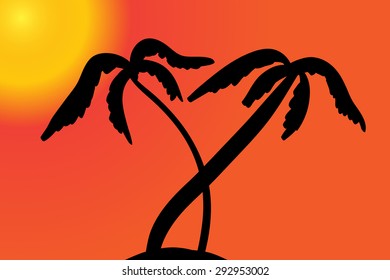 Vector silhouette of the island with palm trees at sunset.