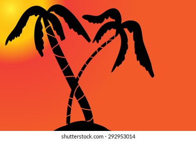 Vector silhouette of the island with palm trees at sunset.