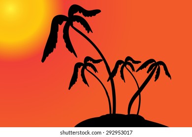 Vector silhouette of the island with palm trees at sunset.