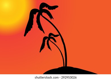 Vector silhouette of the island with palm trees at sunset.