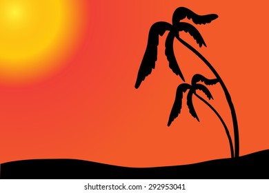 Vector silhouette of the island with palm trees at sunset.