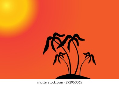 Vector silhouette of the island with palm trees at sunset.