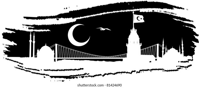 Vector silhouette of Istanbul skyline in black paintbrush dab