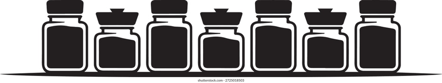 Vector silhouette of jar bottles in black. Simple container shapes isolated on white background. Ideal for kitchen, storage, food packaging, canning, household, and design projects.