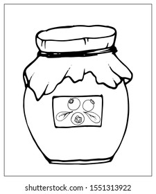 Vector silhouette jar of jam. Isolated object on a white background. Linear hand drawn illustration. Outline style