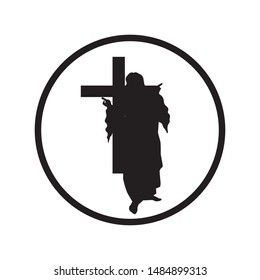 Vector silhouette of Jesus with cross on white background. Symbol of christianity, religion, faith, trust. Logo in round frame.