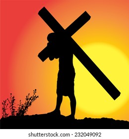 Vector silhouette of Jesus, who carries his cross.