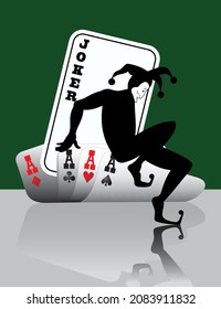 Vector silhouette of the joker on the background of playing cards.
