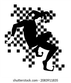 Vector silhouette of the joker on the background of playing cards.