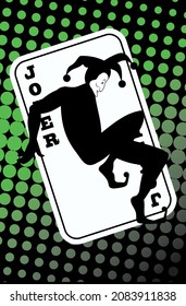 Vector silhouette of the joker on the background of playing cards.