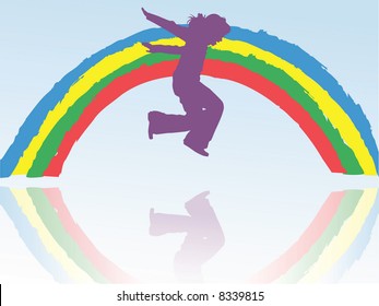 vector silhouette of jumping cheerful child against the rainbow background