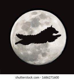 Vector silhouette of jumping dog on moon background. Symbol of night.