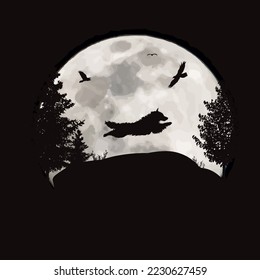 Vector silhouette of jumping dog on moon background. Symbol of night and pet animal.