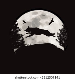 Vector silhouette of jumping dog on moon background. Symbol of night and pet animal.