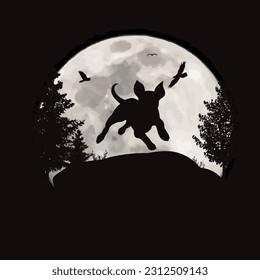 Vector silhouette of jumping dog on moon background. Symbol of night and pet animal.