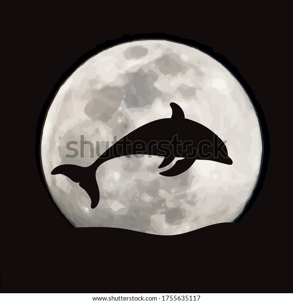 Vector silhouette of jumping dolphin on moon\
background. Symbol of\
night.