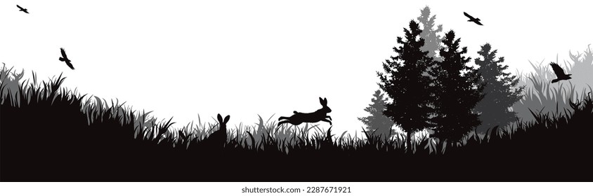 Vector silhouette of jumping hare in a forest. Symbol of wild and nature.