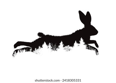 Vector silhouette of a jumping hare with a forest on a white background. Symbol of wild animal, nature and abstract.
