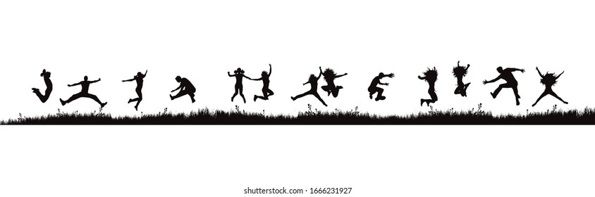 Vector silhouette of jumping people in nature on white background. Symbol of sport.