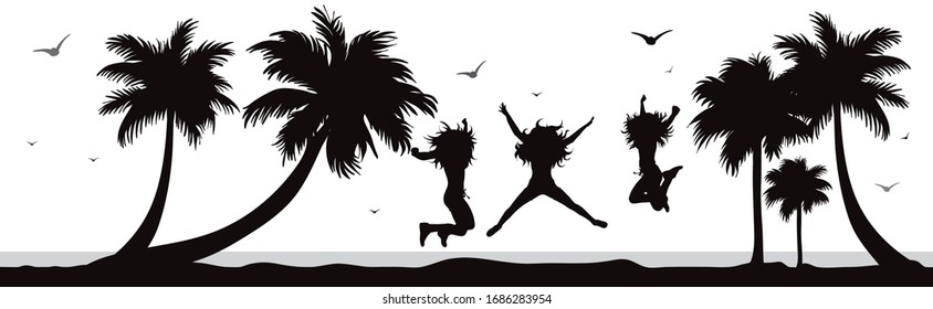 Vector silhouette of jumping women on palm beach on white background. Symbol of nature and sport.