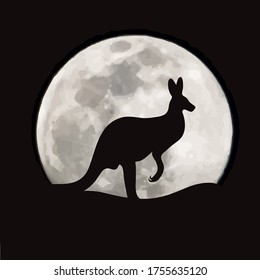 Silueta vectorial de canguro sobre fondo lunar. Símbolo de noche.