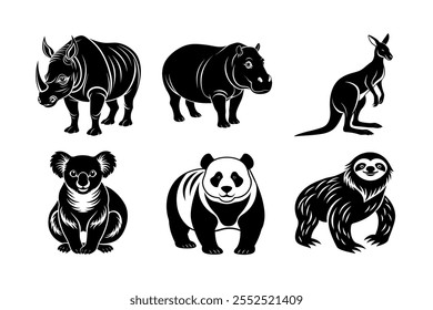 Vector Silhouette of Kangaroo,Panda, Sloth,Koala,Hippoopotamus and Rhinoceros