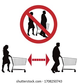 Vector silhouette of keep distance with different people push shopping cart.