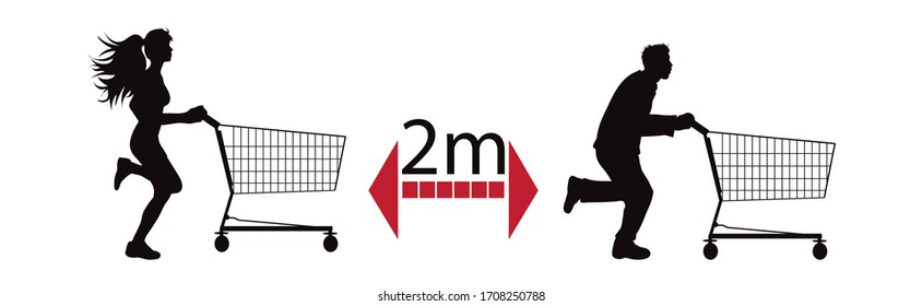 Vector silhouette of keep distance with different people push shopping cart.