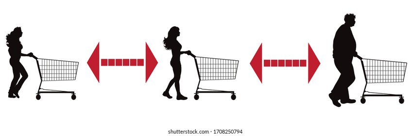 Vector silhouette of keep distance with different people push shopping cart.