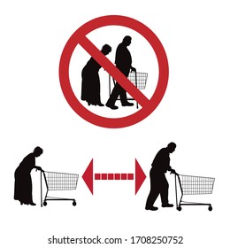 Vector silhouette of keep distance with senior people push shopping cart.