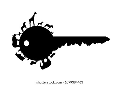 Vector silhouette of key with animal on white background.