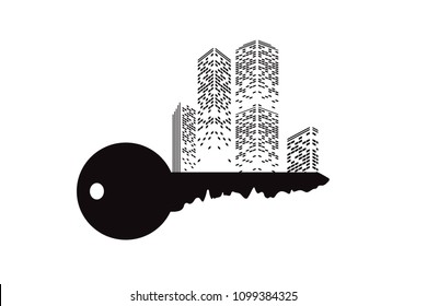 Vector silhouette of key with city on white background.