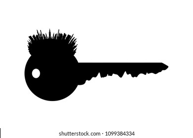 Vector silhouette of key with city on white background.