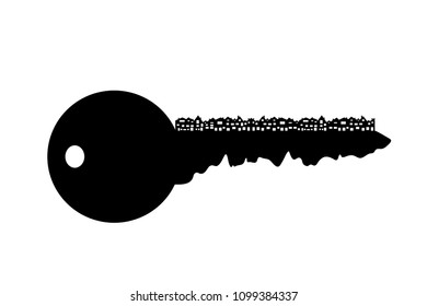 Vector silhouette of key with city on white background.