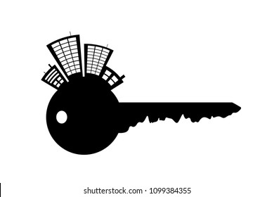 Vector silhouette of key with city on white background.