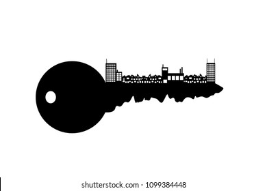 Vector silhouette of key with city on white background.