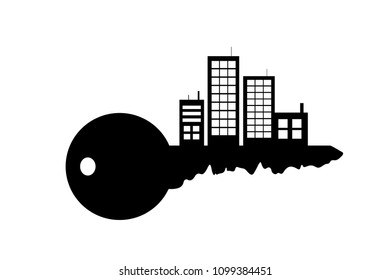 Vector silhouette of key with city on white background.