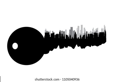 Vector silhouette of key with city on white background.