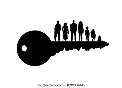 Vector silhouette of key with family on white background.