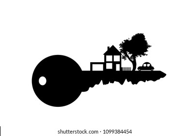 Vector silhouette of key with house on white background.