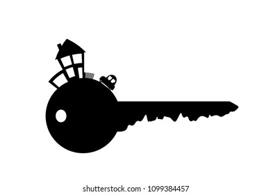 Vector silhouette of key with house on white background.