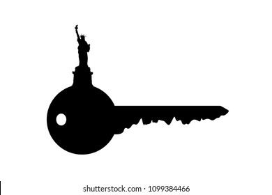 Vector silhouette of key with Statue of Liberty on white background.