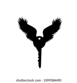 Vector silhouette of key with wings on white background.