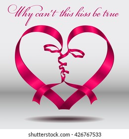 Vector silhouette of kiss in pink ribbon heart shape