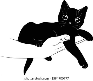 Vector silhouette kitten lies on a hand Isolated on a white background. Little black kitten lies in a human hand.