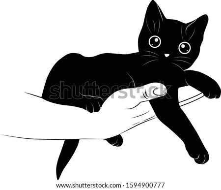 Vector silhouette kitten lies on a hand Isolated on a white background. Little black kitten lies in a human hand.